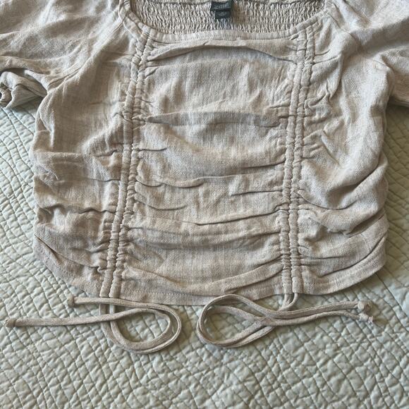 Wild Fable Crop Top Blouse Beige Cinched Short Puff Sleeve Size M NWT - Picture 4 of 9